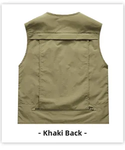Rear view of khaki multi-pocket utility vest with zip back pocket and durable fabric