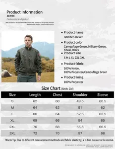 Detailed size chart and product specifications for the tactical bomber flight jacket