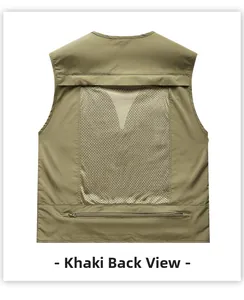 Rear view of khaki fishing vest showing large mesh panel for breathability and back pocket