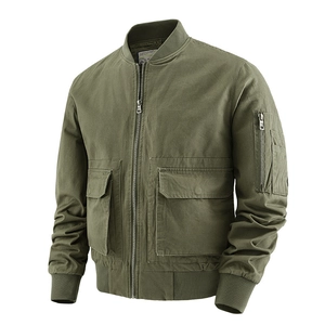Olive green cotton bomber jacket for men featuring multi-pockets and a tactical flight design