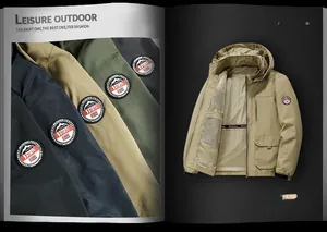 Detail of windproof men's jacket with breathable mesh lining and round embroidered patch