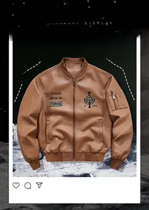 Close-up of ribbed stand-up collar and embroidered letter patches on brown leather jacket
