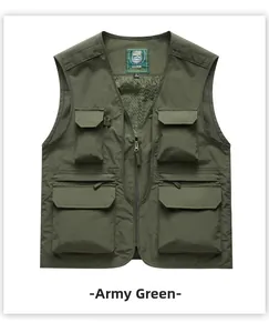 Detail view of military green utility vest showing multi-pocket design and mesh lining