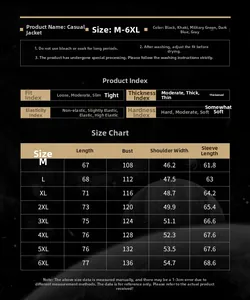 Detailed size chart for men fashion jacket showing measurements from M to 6XL