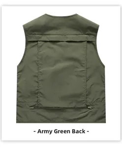 Back view of army green multi-pocket outdoor vest featuring a large rear zipper pocket