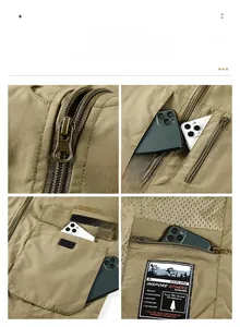 Detailed views of khaki outdoor vest showing functional pockets and breathable mesh
