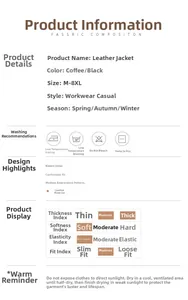 Detailed sizing chart and material specs for men's leather jacket with washing guides