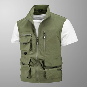 Gilet Utilitaire Multi-poches pour Hommes de Plein Air Pêche Photographie Séchage Rapide Imperméable Col Montant Casual
