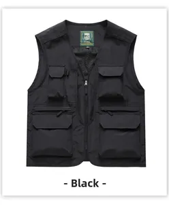 Detail view of black multi-pocket tactical vest with zip closure and mesh lining
