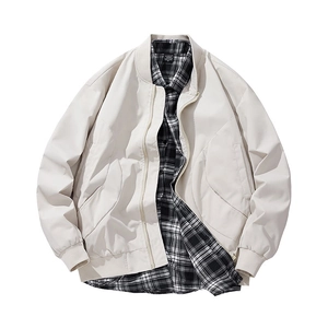 Unisex beige colorblock windbreaker jacket with baseball collar and plaid shirt layer