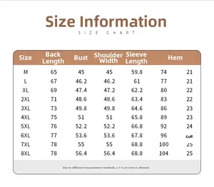 Detailed size chart for men's leather jacket covering measurements from size M to 8XL