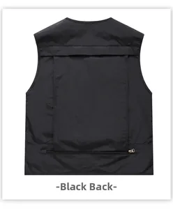Rear view of black outdoor vest featuring a functional large horizontal zip pocket on back
