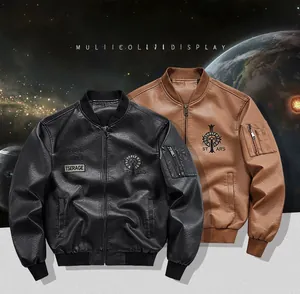 Detail of black and brown faux leather bomber jackets with ribbed collar and arm pocket