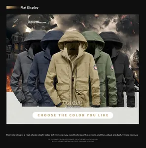Close-up of five tactical windbreaker jackets in gray navy khaki army green and black
