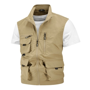 Gilet de plein air kaki pour homme avec plusieurs poches et col montant imperméable