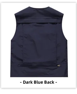 Rear view of navy blue outdoor vest showing the functional large back zipper pocket