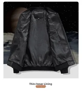 Detailed view of the thin inner lining and smooth faux leather texture of the men's jacket