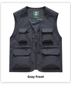 Detailed front view of a grey multi-pocket outdoor vest with zipper and flap pockets