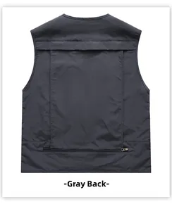 Detailed back view of a grey multi-pocket fishing vest featuring a large zipper compartment