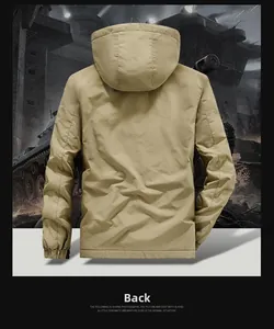 Back view of khaki men's hooded jacket showing windproof fabric and elastic cuffs