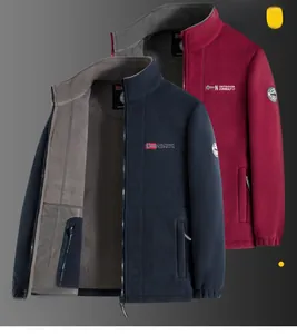 Detail of fleece outdoor jacket featuring stand collar with high-quality embroidery