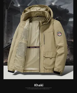 Detail of khaki windproof outdoor jacket featuring mesh lining and zipper pockets