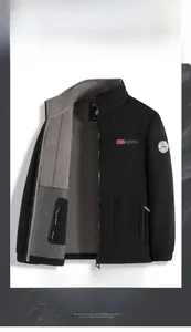 Detail of outdoor jacket with warm grey fleece lining and Norwegian flag embroidery