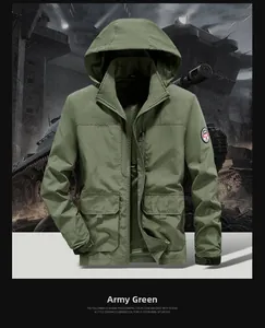 Detail of army green tactical jacket with adjustable drawstring hood and sleeve patch