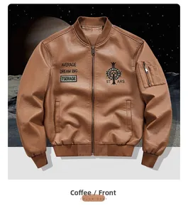 Detail of coffee brown faux leather bomber jacket featuring a utility sleeve zipper pocket