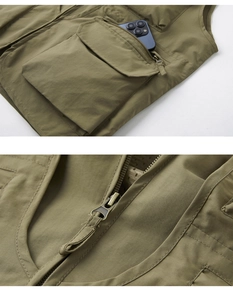 Detail view of large cargo pockets with zippers and durable metal front zip on outdoor vest