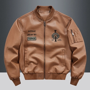 Men's Vintage PU Leather Bomber Jacket Casual Embroidered Motorcycle Faux Leather Coat With Ribbed Trim For Autumn Winter