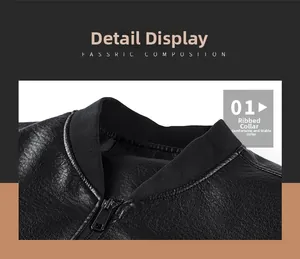 Close-up of ribbed knit collar and matte metal zipper on black faux leather jacket