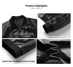 Detailed views of ribbed collar, cuffs, and premium black faux leather texture