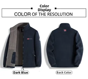 Front and back view of a men's navy blue outdoor fleece jacket with high neck and logo