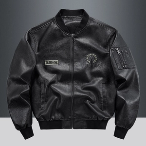 Men's retro black PU leather varsity jacket with TSERAGE embroidery and bomber style fit