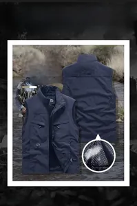 Detail of dark blue quick-dry fishing vest showing breathable mesh lining and pockets
