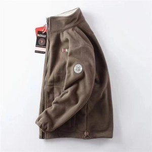 Men's thick brown fleece jacket with warm white lining and Norway embroidery detail