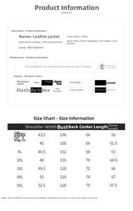 Detailed size chart for the PU leather jacket with measurements from M to 5XL size