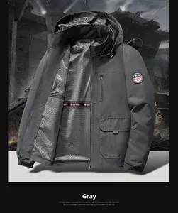 Detail of dark gray outdoor jacket with detachable hood and breathable mesh lining