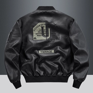 Retro black faux leather bomber jacket back view with SQUAD OF SECRETS embroidery
