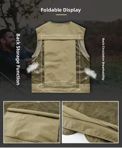 Detail der khakifarbenen Outdoor-Netzweste mit atmungsaktivem Rücken und Staufach