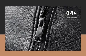 Close-up of premium black lychee-grain leather texture and durable gunmetal zipper detail