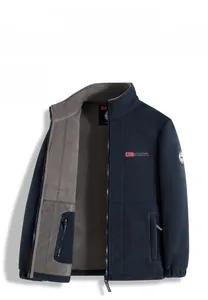 Detailed front view of navy blue outdoor fleece jacket with high collar and full zip closure