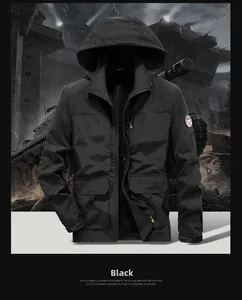 Detail of black hooded windbreaker with tactical pockets and adjustable cuffs