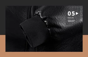 Detail of black leather jacket featuring elastic ribbed cuffs for wrist comfort