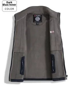 Detail of dark blue fleece vest featuring zippered inner pockets and warm lining