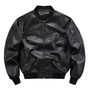 Men's retro black faux leather bomber jacket with embroidery patches and utility pockets