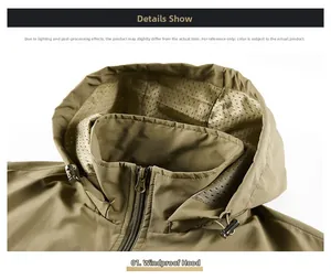 Detail of windproof detachable hood with adjustable drawstrings and mesh lining