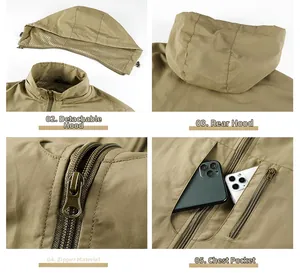 Detail view of khaki jacket with detachable hood, metal zipper and functional chest pocket