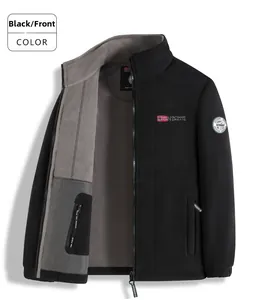 Close-up of black fleece jacket showing outdoor Norway embroidery and zipper details